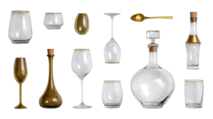 Elegant Glassware: A flat lay of elegant glassware like wine glasses and decanters, isolated on a Transparent background, PNG file.
