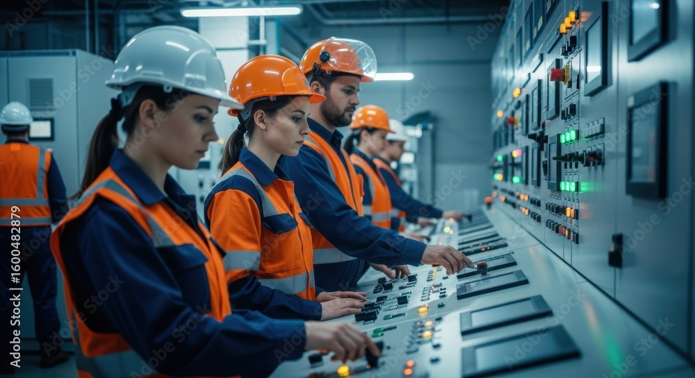 Poster safetyconscious workers performing routine checks on automated control panels inside an energy plant