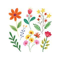 Collection of spring colorful flower elements vector. Set floral of wildflower, leaf branch, foliage on white background. Hand drawn blossom illustration for decor, easter, thanksgiving, ... See More