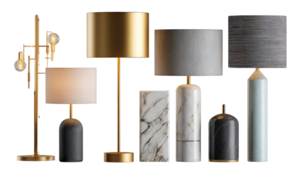 Elegant Modern Lamps: A flat lay of elegant modern lamps with sleek designs, isolated on a Transparent background, PNG file.