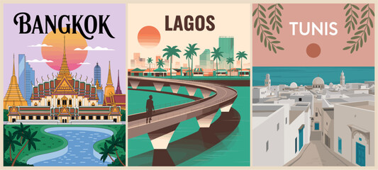 Set of retro travel destination posters in Mid-Century Modern style featuring Bangkok, Lagos, and Tunis. Bold, colorful vector art perfect for wall decor, souvenirs, and travel branding.