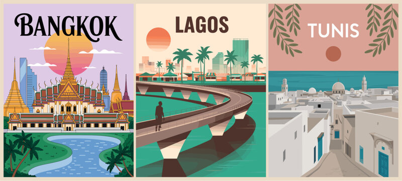 Set of retro travel destination posters in Mid-Century Modern style featuring Bangkok, Lagos, and Tunis. Bold, colorful vector art perfect for wall decor, souvenirs, and travel branding.