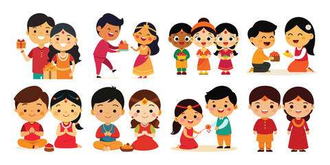 Vector art of a vibrant collection of cartoon illustrations showcasing indian families and children celebrating