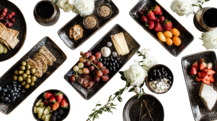 Elegant Serving Platters: A flat lay of elegant serving platters with appetizers, cheese, and fruits, isolated on a Transparent background, PNG file.