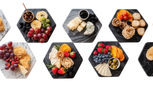 Elegant Serving Platters: A flat lay of elegant serving platters with appetizers, cheese, and fruits, isolated on a Transparent background, PNG file.