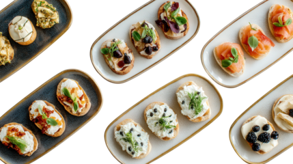 Elegant Serving Platters: A flat lay of elegant serving platters with appetizers and hors d'oeuvres, isolated on a Transparent background, PNG file.