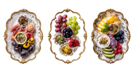 Elegant Serving Platters: A flat lay of elegant serving platters with appetizers and fruits, isolated on a Transparent background, PNG file.