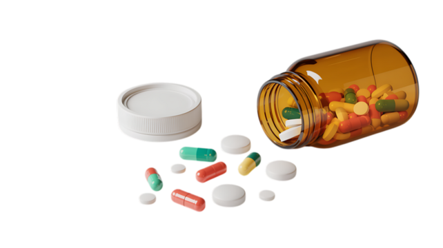 Photo of an amber glass medicine bottle lies on its side with its white lid nearby surrounded by scattered colorful pills and capsules on