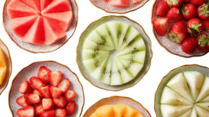Elegant Serving Platters with Fruit: A flat lay of elegant serving platters filled with sliced fruits like melons and strawberries, isolated on a Transparent background, PNG file.