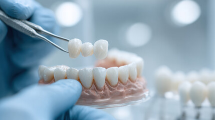 Aesthetic dental veneers installation process, ultra realistic close-up of dentist hands placing porcelain veneers on perfect teeth, modern dental clinic interior with natural lighting.