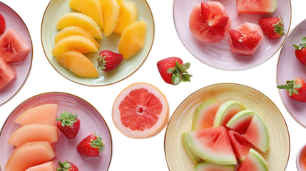 Elegant Serving Platters with Fruit: A flat lay of elegant serving platters filled with sliced fruits like melons and strawberries, isolated on a Transparent background, PNG file.