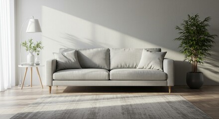 Minimalist living room bathed in sunlight, featuring a neutral-toned sofa, floor lamp, side table, and potted greenery against a white wall