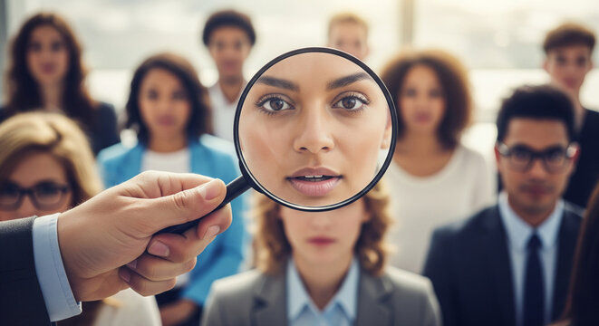 A magnifying glass that reveals the individuality of ordinary people when selecting business talent from a group of people