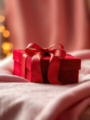 Red gift box with satin ribbon bow on soft pink fabric, creating warm and festive atmosphere