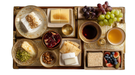 Elegant Serving Trays: A flat lay of elegant serving trays with appetizers, cheese, and fruits, isolated on a Transparent background, PNG file.
