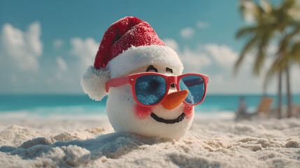 Obraz premium A cheerful snowman wearing sunglasses and a Santa hat enjoys a sunny day at the tropical beach.