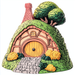 Hobbit house on hill with greenery and colorful flowers  