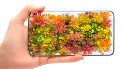 A human hand presents a transparent digital screen showcasing a vibrant and colorful abstract floral design.