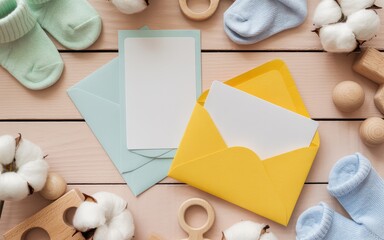 Bright Cheerful Top-Down View of Three Standard Baby Essentials Concept Cozy Nursery Image Warm Atmosphere Aesthetic