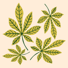 Natural autumn fall bright hand drawn background with horse chestnut leaves. Organic harvest contemporary vector illustration for cute cozy design