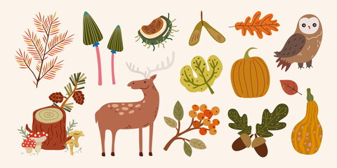 Cartoon bright nature stickers in retro flat style. Bright cozy autumn elements and shapes. Set of abstract leaves, wild forest animals, trees, mushrooms, pumpkins and plants