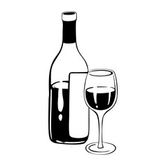 Hand drawn wine. Bold line vector illustration doodle style isolated on white background. Bottle of wine and glass of wine.