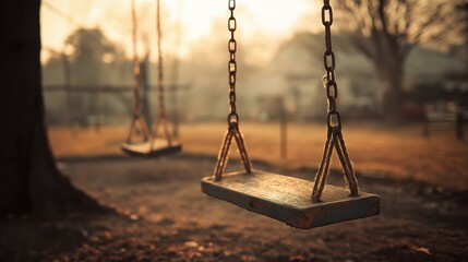 Empty swing in a lonely autumn park at sunset with golden light and fallen leaves.