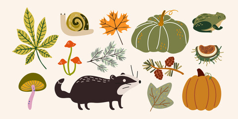 Cartoon bright nature stickers in retro flat style. Bright cozy autumn elements and shapes. Set of abstract leaves, wild forest animals, trees, mushrooms, pumpkins and plants