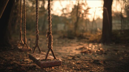 Empty rope swing in a sad autumn forest at sunset, a lonely and quiet scene.