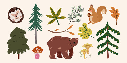 Cartoon bright nature stickers in retro flat style. Bright cozy autumn elements and shapes. Set of abstract leaves, wild forest animals, trees, mushrooms, pumpkins and plants