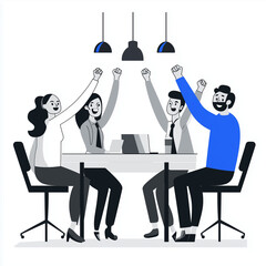 Coworkers celebrating success while raising hands in modern boardroom  