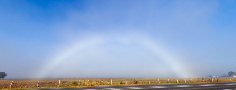 Fogbow mistbow shining in light mist over rural paddock in farmland