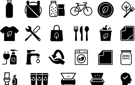 Collection of icons representing sustainable living and eco friendly practices