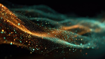 Abstract, swirling, shimmering particles in gold and teal