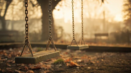 Lonely empty swings in a quiet autumn park at sunset with fall leaves on the ground.