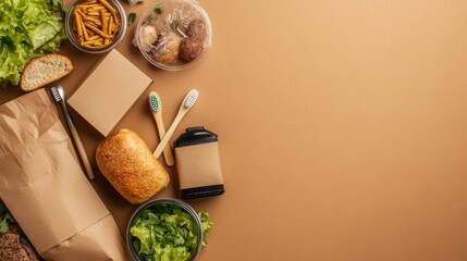 Eco friendly food packaging bamboo toothbrushes and brown paper bags on a beige background