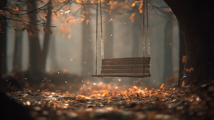 Magical empty swing in an enchanted autumn forest with golden light and floating leaves.