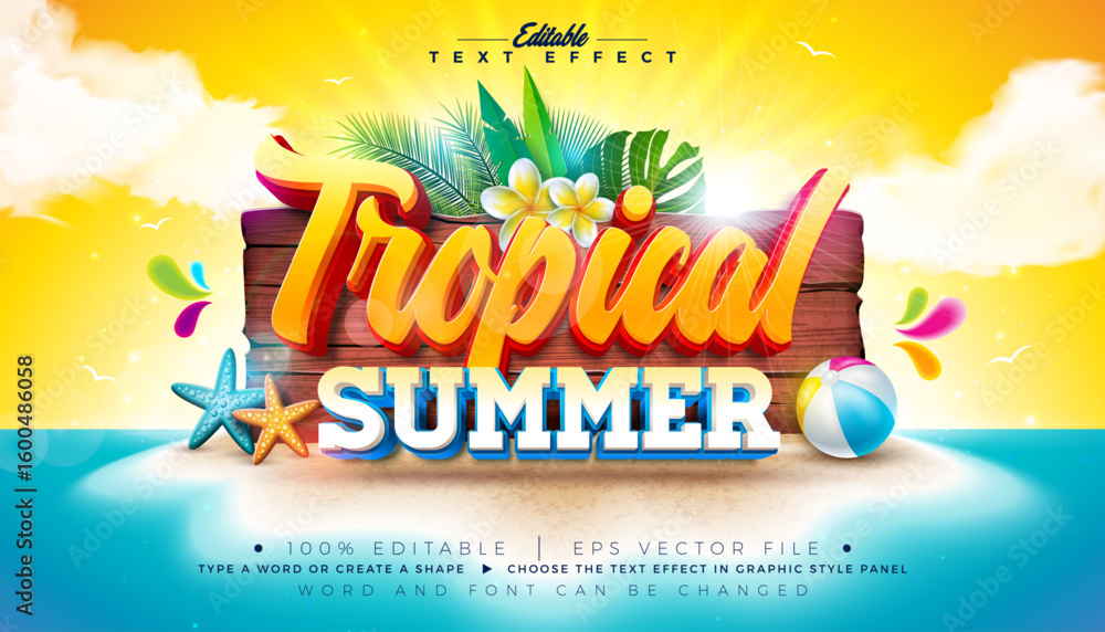 Poster tropical summer 3d text effect design editable and scalable vector graphic style effect with beach h