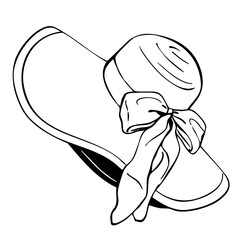 Beach hat with ribbon on them wide-brimmed hat with bow hand drawn vector illustration.