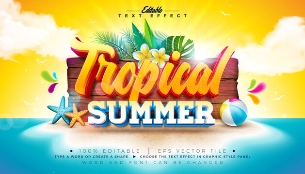 Tropical Summer 3D Text Effect Design Editable and Scalable Vector Graphic Style Effect with Beach Holiday Elements and Tropical Palm Leaves on Blue Cloudy Sky Background. Premium Illustration