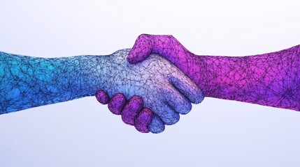 Abstract polygonal hands in handshake blue and purple hues Network connection concept