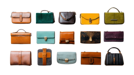 Fashionable Handbags: A flat lay of fashionable handbags with elegant designs, isolated on a Transparent background, PNG file.
