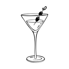 Line drawing martini glass with olive on skewer on white background. Sketch for celebration design. Hand drawn party drinks concept. Freehand drawing style.