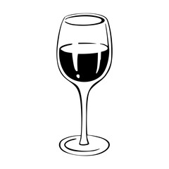 Hand drawn wine. Bold line vector illustration doodle style isolated on white background. Bottle of wine and glass of wine.