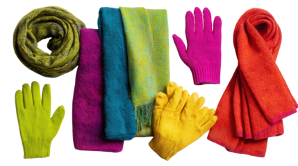 Fashionable Scarves and Gloves: A flat lay of fashionable scarves and gloves in vibrant colors, isolated on a Transparent background, PNG file.
