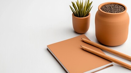 Minimalist Workspace with Terracotta Pots and Notebook