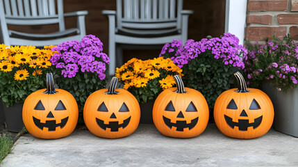 Obraz premium Bright orange pumpkins with carved faces bring festive cheer to a charming fall display.