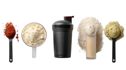 Fitness Supplements and Protein: A flat lay of fitness supplements and protein shakes, isolated on a Transparent background, PNG file.
