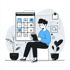 Young man using tablet to schedule social media content indoors  