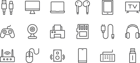 Electronics & Gadgets Icon Pack – Laptop, Earbuds, Printer, Scanner, USB, Powerbank, Tech, Gadget, Device, Digital, Wireless, Charging, Office, Modern, Icon, Outline, Smart